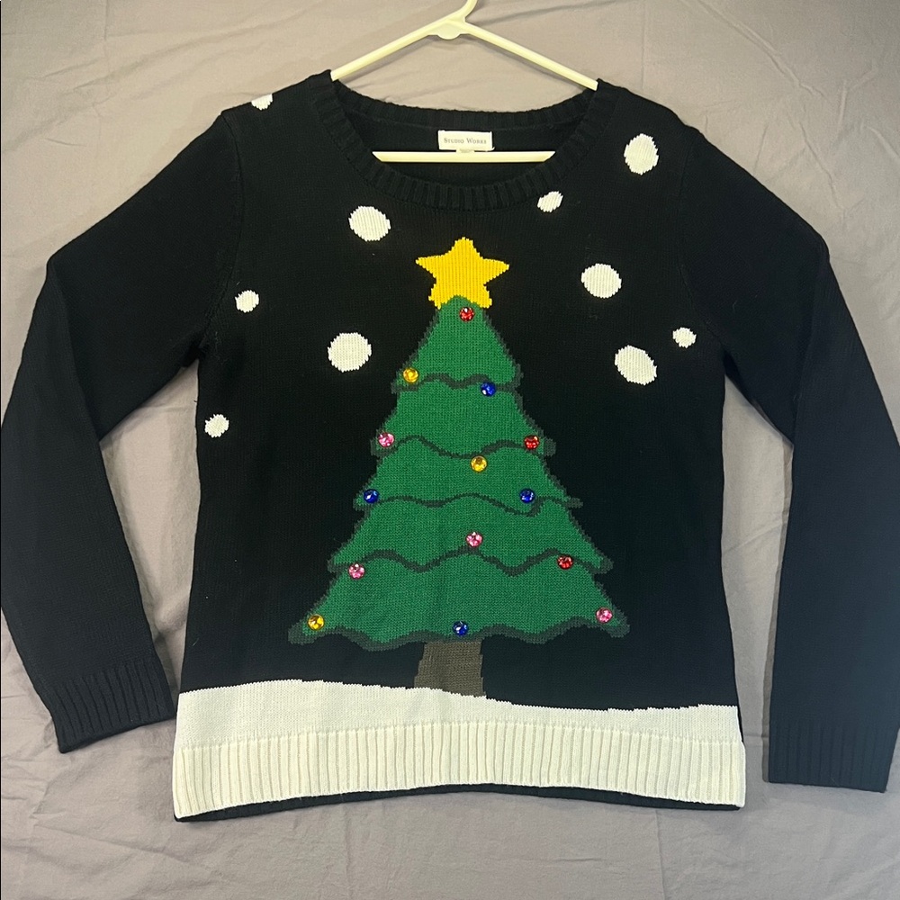 Studio Works Womens Black Christmas Tree Holiday Crewneck Sweater Large